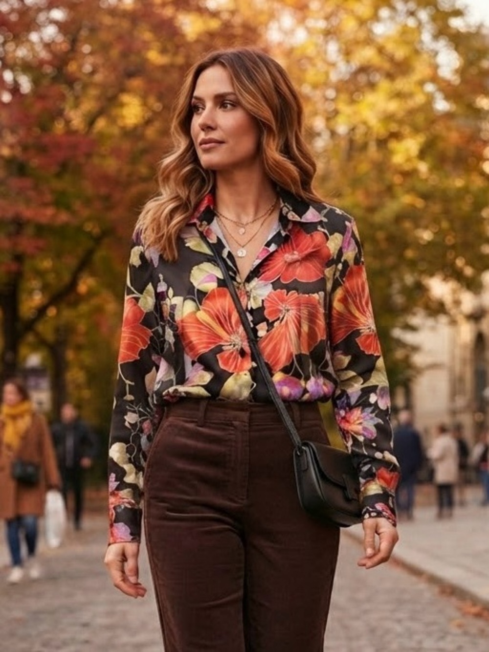 Zara Black Red Rust Orange Floral Satin Long Sleeve Button-Down Blouse Retro L